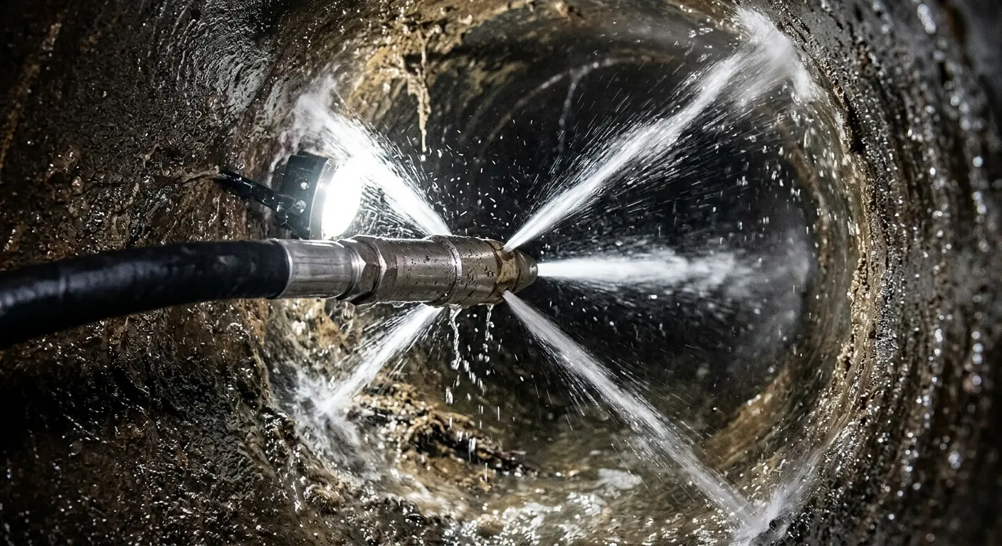 High-pressure hydro jetting nozzle cleaning sewer pipe for Sewer Cleanout in Tallmadge