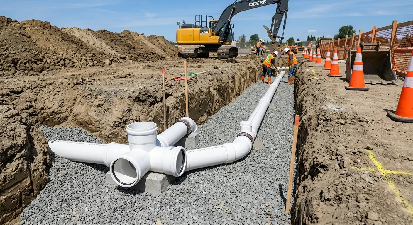 New PVC sewer pipe installation in open trench for Sewer Backup in Tallmadge