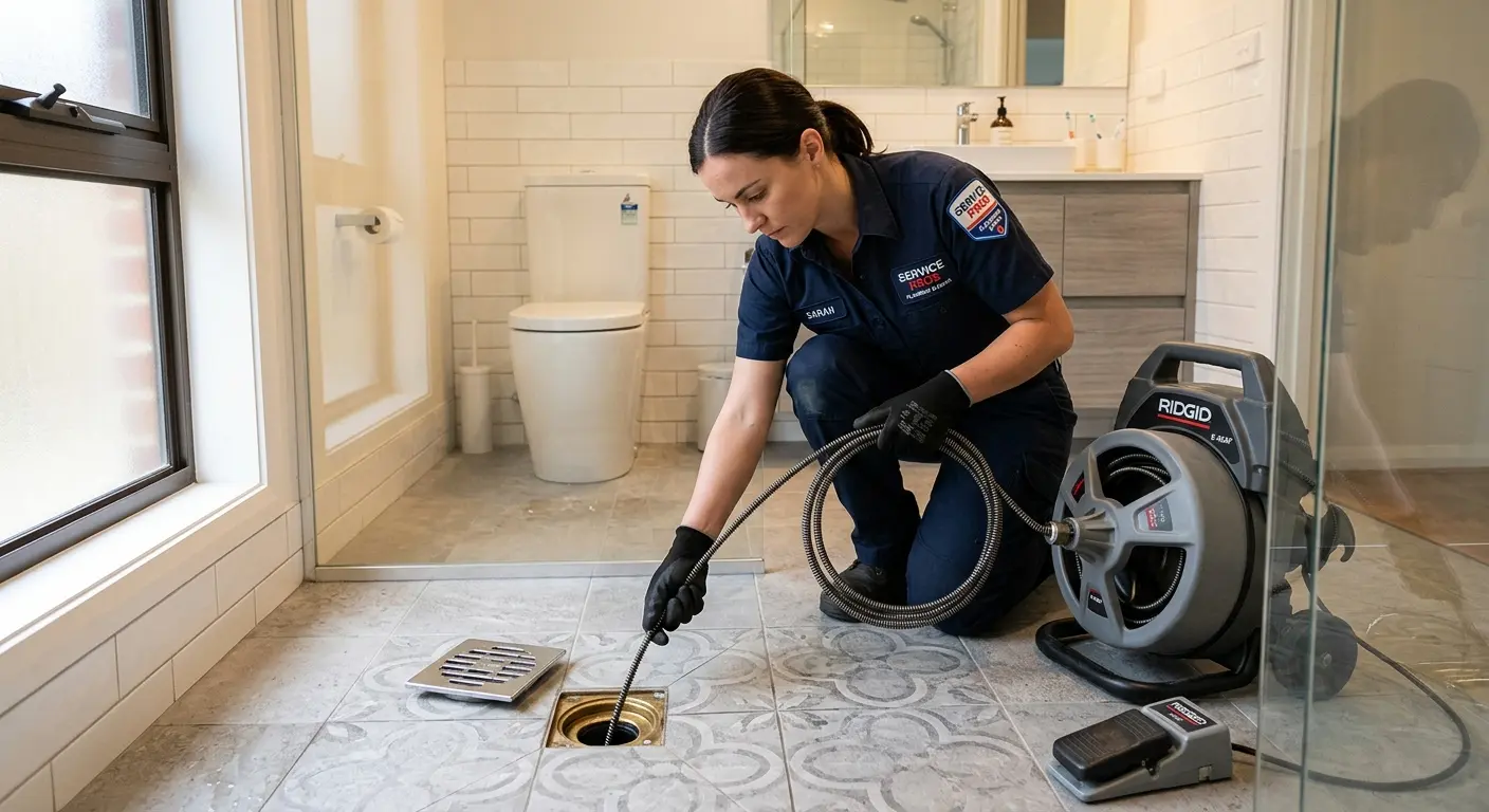Technician clearing a bathroom floor drain for Sewer Line Replacement in Tallmadge